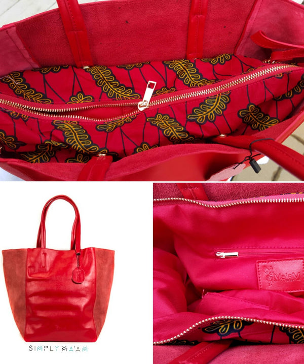 Versatile Suede and Leather Tote Bag w/ Detachable African Wax Fabric Pouch